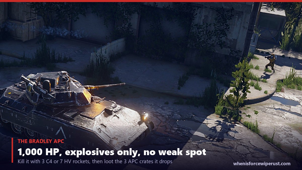 The Bradley APC at Launch Site in Rust: a tank with 1000 HP that patrols the courtyard, takes explosives only with no weak spot, and drops 3 APC crates when destroyed, killable with 3 C4 or 7 high velocity rockets