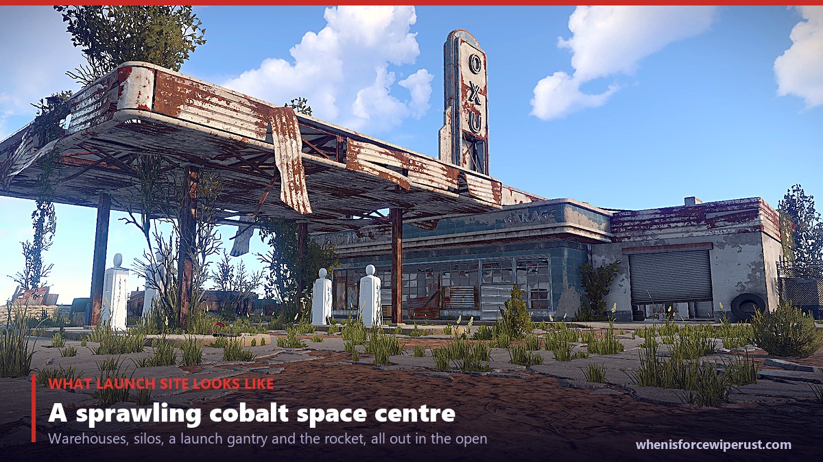 What the Launch Site monument looks like in Rust: a huge open cobalt space centre with warehouses, fuel silos, a launch gantry and rocket, radiated interior buildings and a courtyard patrolled by the Bradley APC