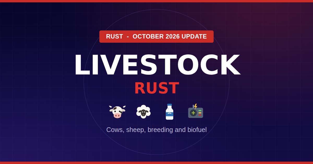 Livestock Rust featured image with a cow, a sheep, a milk bottle and a biofuel generator on the whenisforcewiperust.com navy and red theme