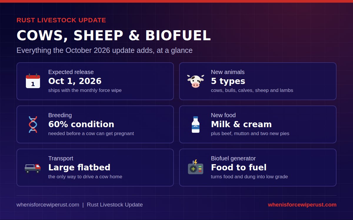 Rust livestock update at a glance: expected October 1 2026, five new animal types, breeding needs 60 percent condition, milk and cream, a large flatbed to move cows and a biofuel generator that turns food into low grade fuel