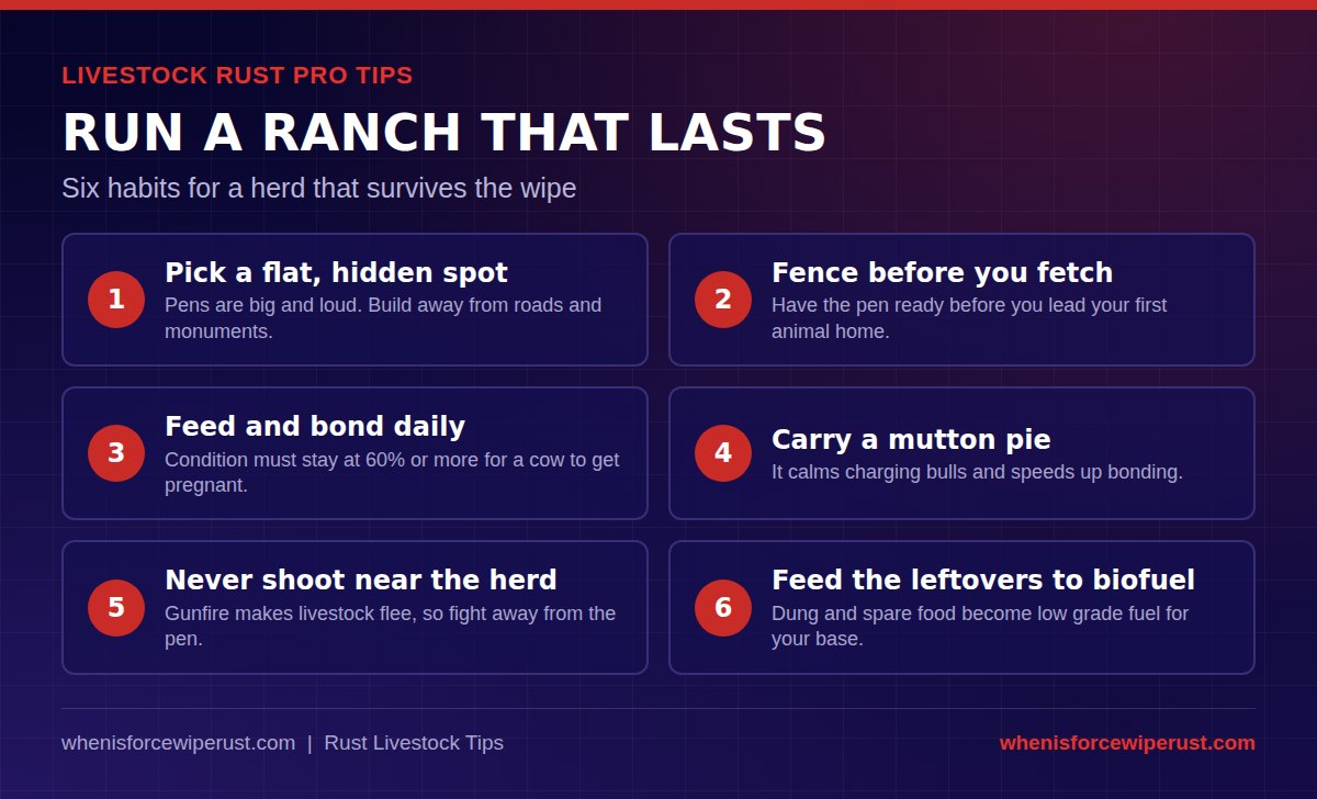 Livestock Rust pro tips: pick a flat hidden spot, fence the pen before you fetch animals, feed and bond daily to stay above 60 percent condition, carry a mutton pie, never shoot near the herd, and feed leftovers to the biofuel generator