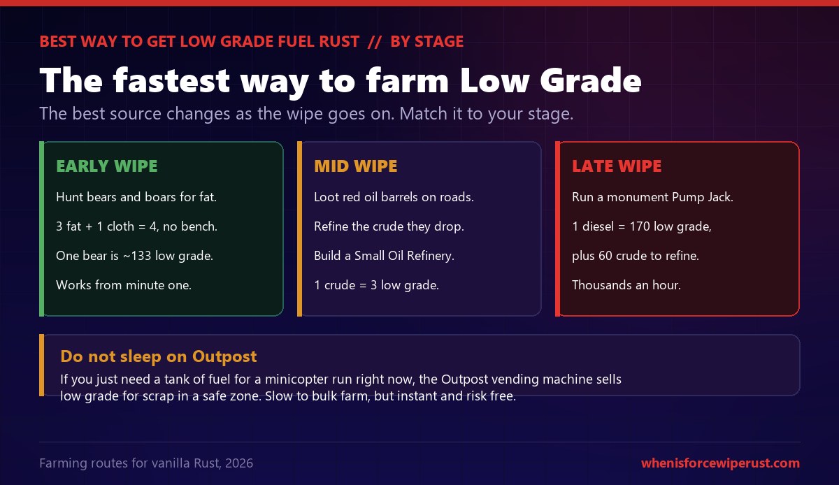 Rust guide to the fastest way to farm Low Grade Fuel by wipe stage: early wipe hunt bears and boars for animal fat and craft 3 fat plus 1 cloth into 4 low grade, mid wipe loot red oil barrels and refine crude in a Small Oil Refinery at 1 to 3, and late wipe run a monument pump jack on diesel for about 350 low grade per diesel after refining, with a note that Outpost sells low grade for scrap when you need a tank right now