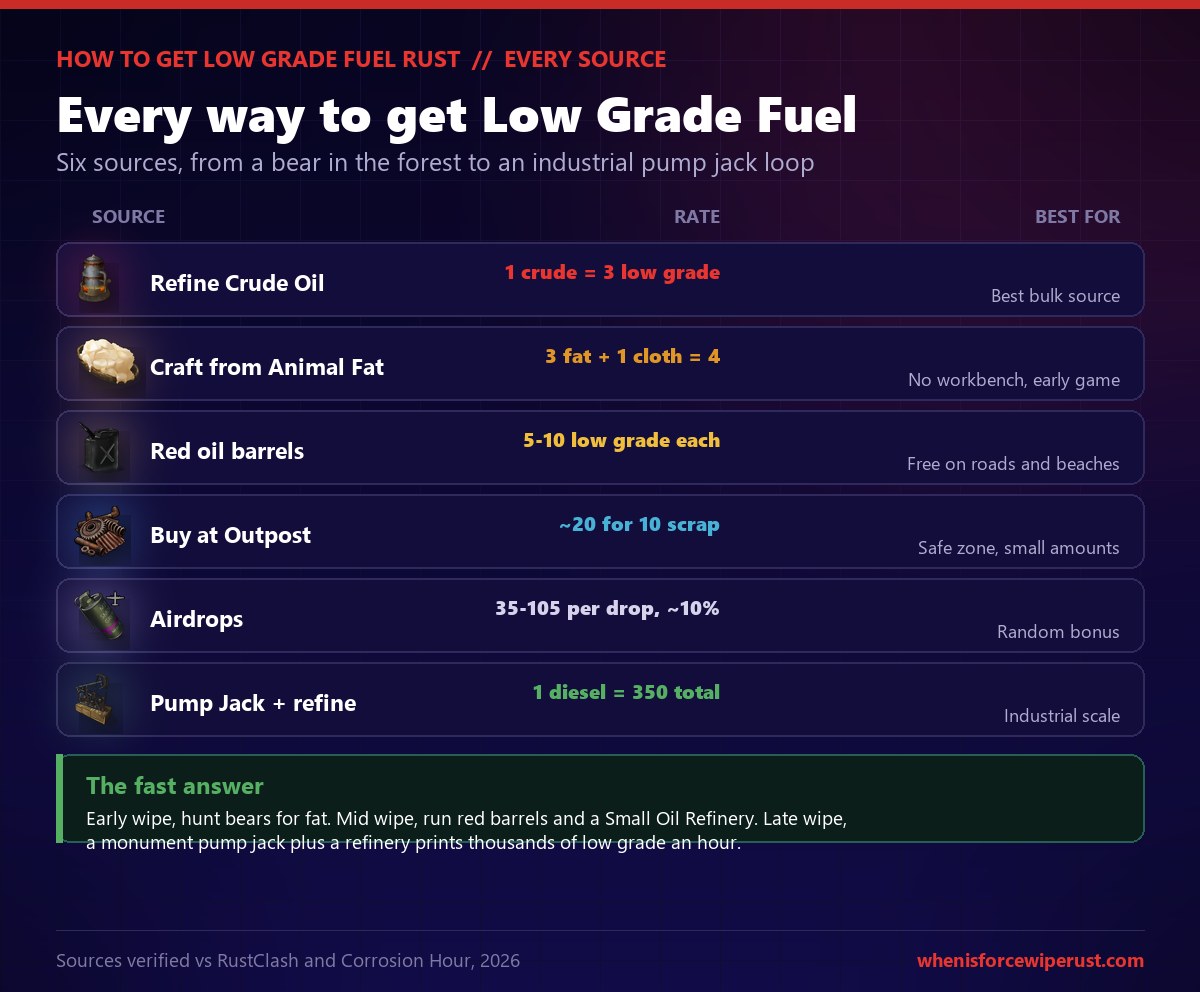 Rust table of every way to get Low Grade Fuel: refine Crude Oil in a Small Oil Refinery at 1 crude to 3 low grade, craft from Animal Fat at 3 fat plus 1 cloth for 4, loot red oil barrels for 5 to 10 each, buy about 20 for 10 scrap at Outpost, find 35 to 105 in roughly 10 percent of airdrops, or run a monument pump jack that yields about 350 low grade of crude and fuel per diesel after refining