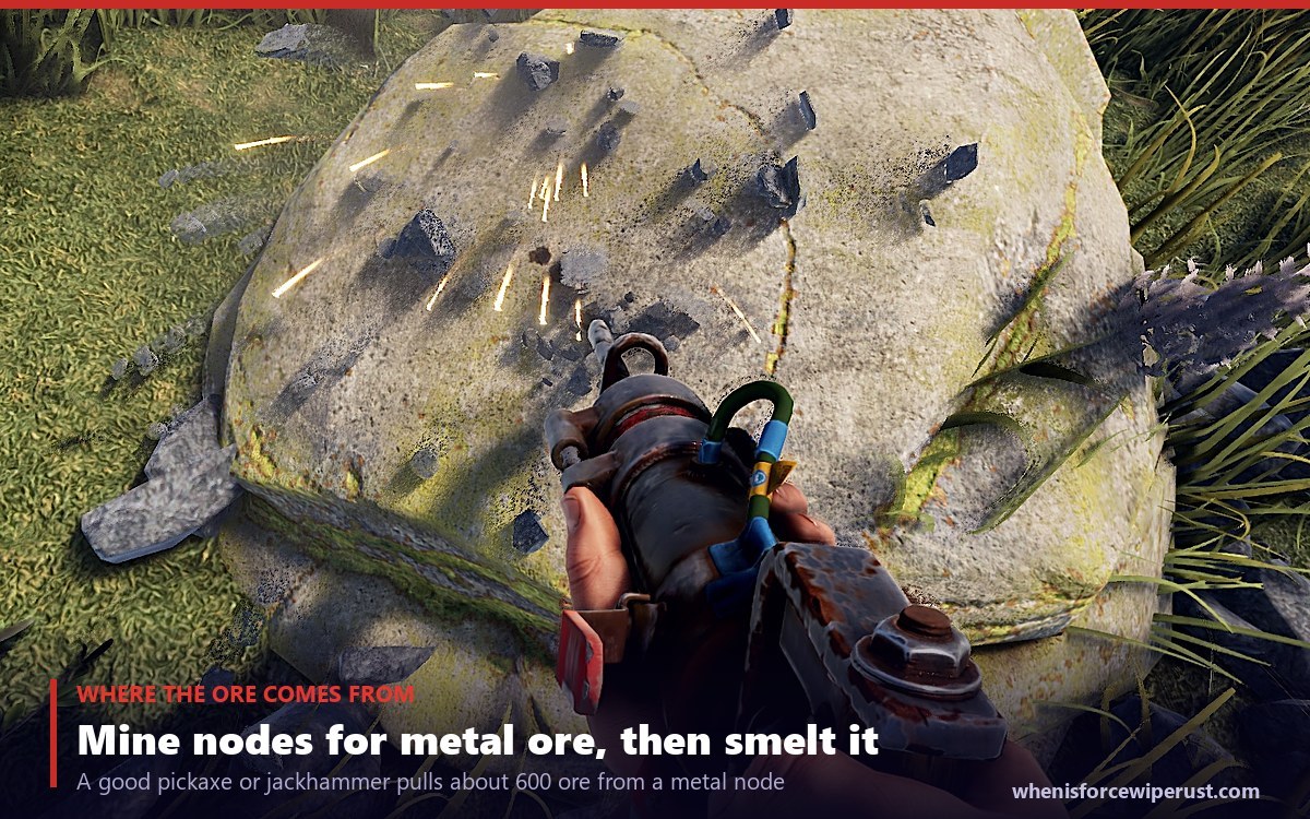 A real in-game Rust screenshot of a player mining an ore node with a tool, sparks flying, to gather the metal ore that smelts into fragments