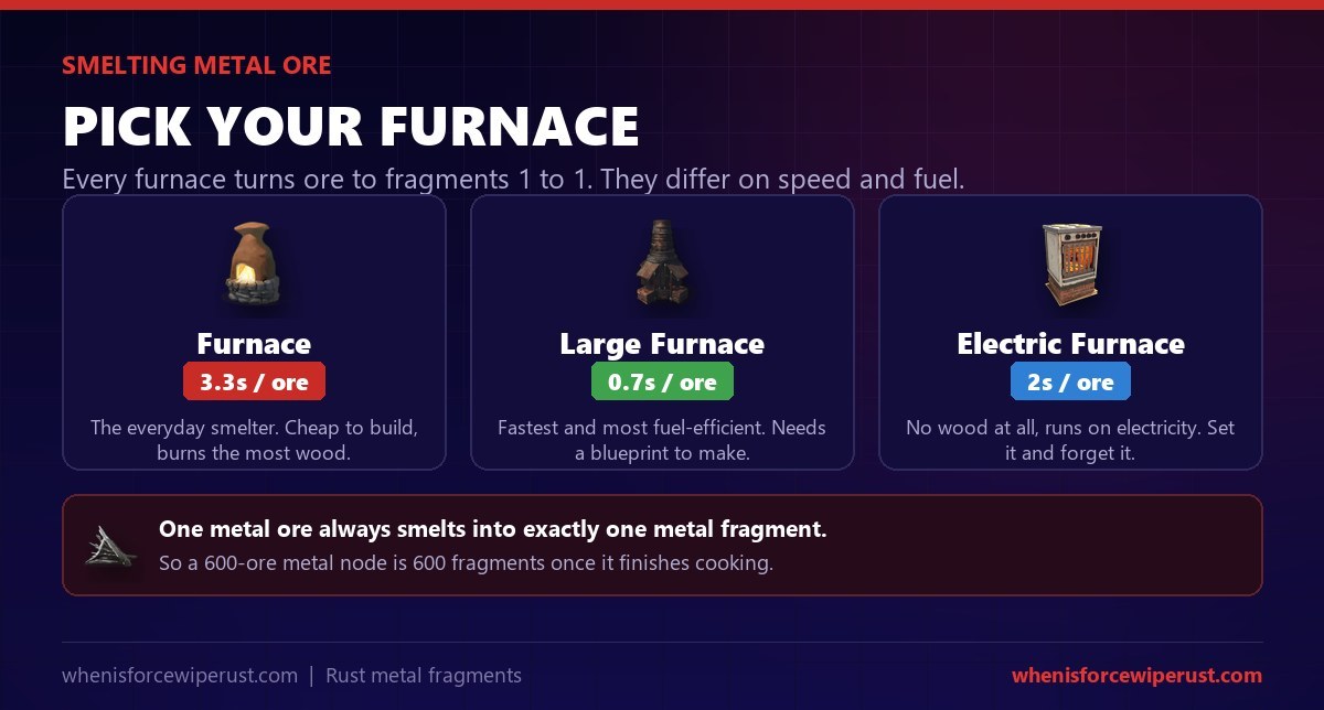 Smelting metal ore into fragments in Rust: the standard furnace takes 3.3 seconds per ore, the large furnace 0.7 seconds and is most fuel efficient, the electric furnace 2 seconds and uses no wood, all 1 to 1