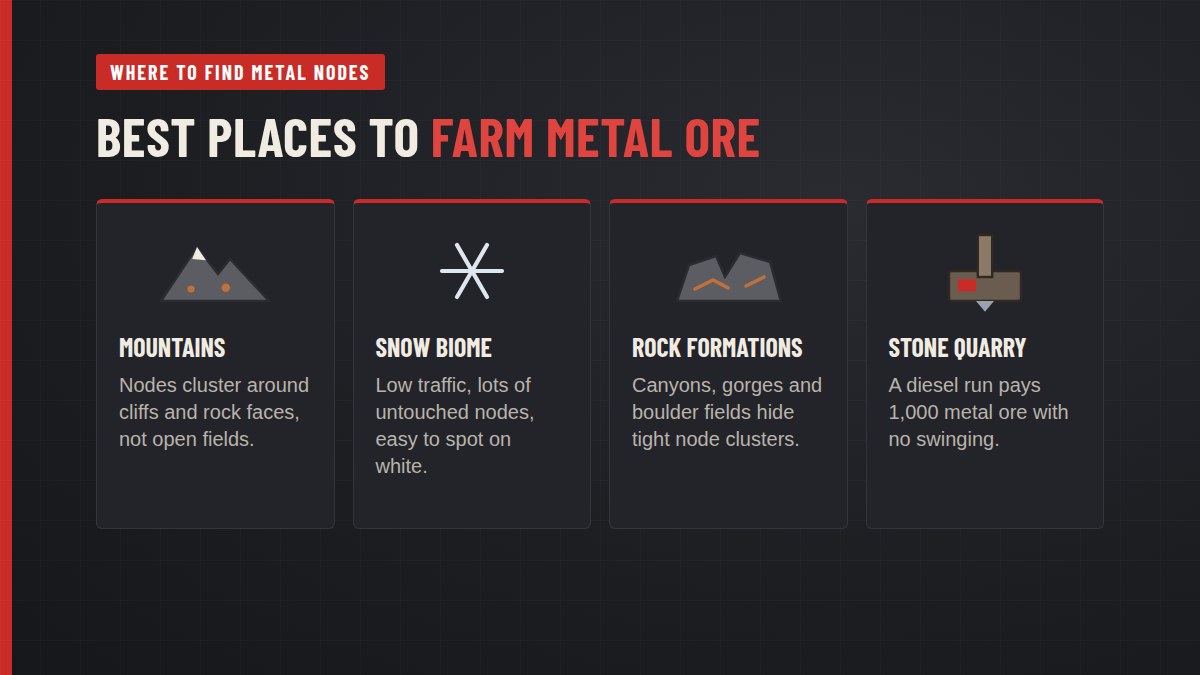 Best places to farm metal ore in Rust: mountains, the snow biome, rock formations and the Stone Quarry