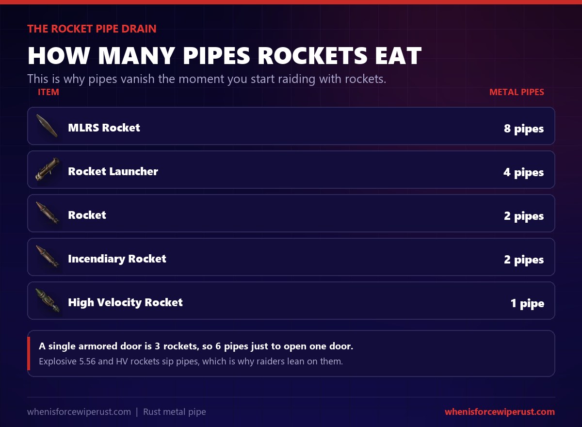 How many metal pipes rockets need in Rust: MLRS rocket 8 pipes, rocket launcher 4, rocket 2, incendiary rocket 2, high velocity rocket 1