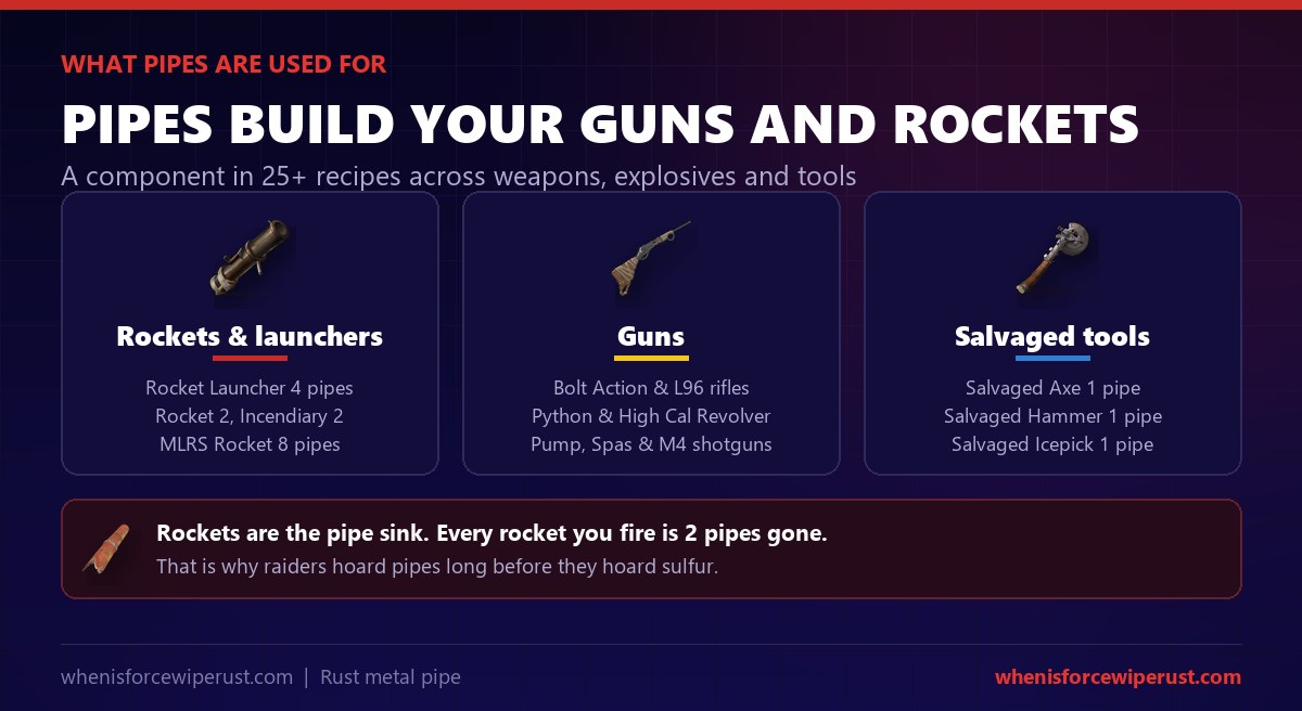 What metal pipes are used for in Rust: rockets and rocket launchers, guns like the bolt action and python, and salvaged tools, a component in over 25 recipes