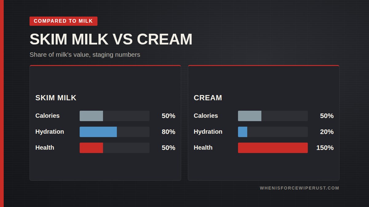 Rust skim milk vs cream chart for calories, hydration and health compared to milk