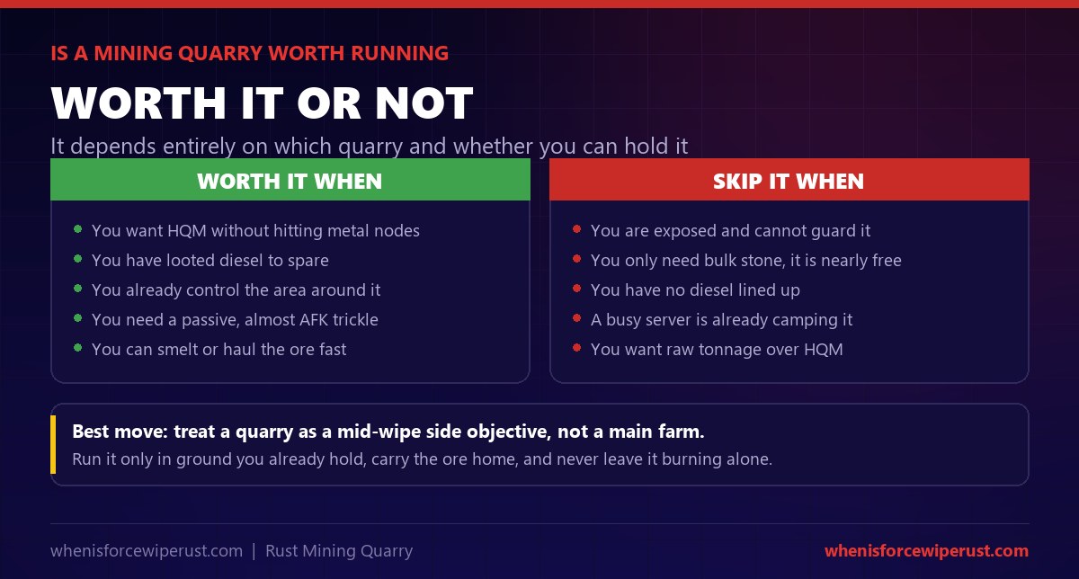 Is a mining quarry worth running in Rust: it is worth it when you want HQM without hitting metal nodes, have diesel to spare, control the area and can smelt or haul the ore fast; skip it when you are exposed and cannot guard it, only need cheap stone, have no diesel, or a busy server is already camping it; the best move is to treat a quarry as a mid-wipe side objective in ground you already hold