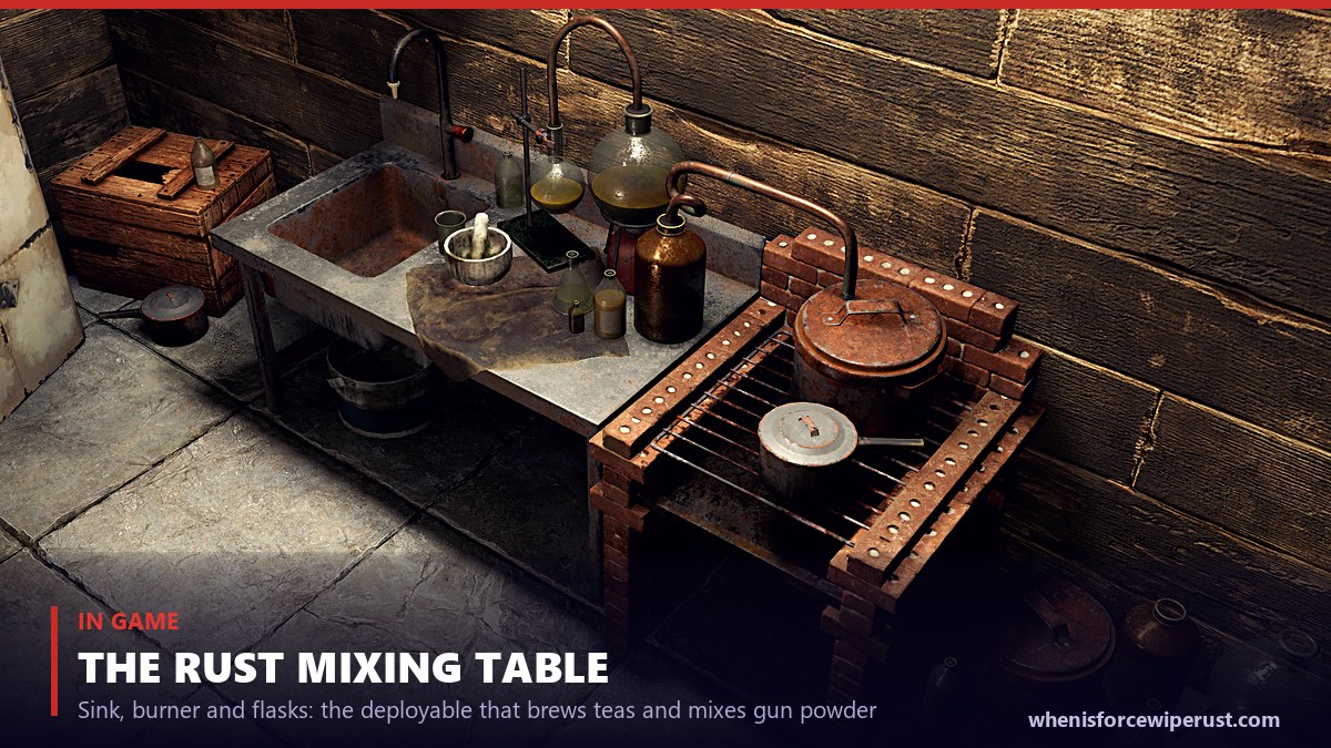 The Rust mixing table in game - a metal sink, copper still and brick burner used to brew teas and mix gun powder, placed inside a wooden base