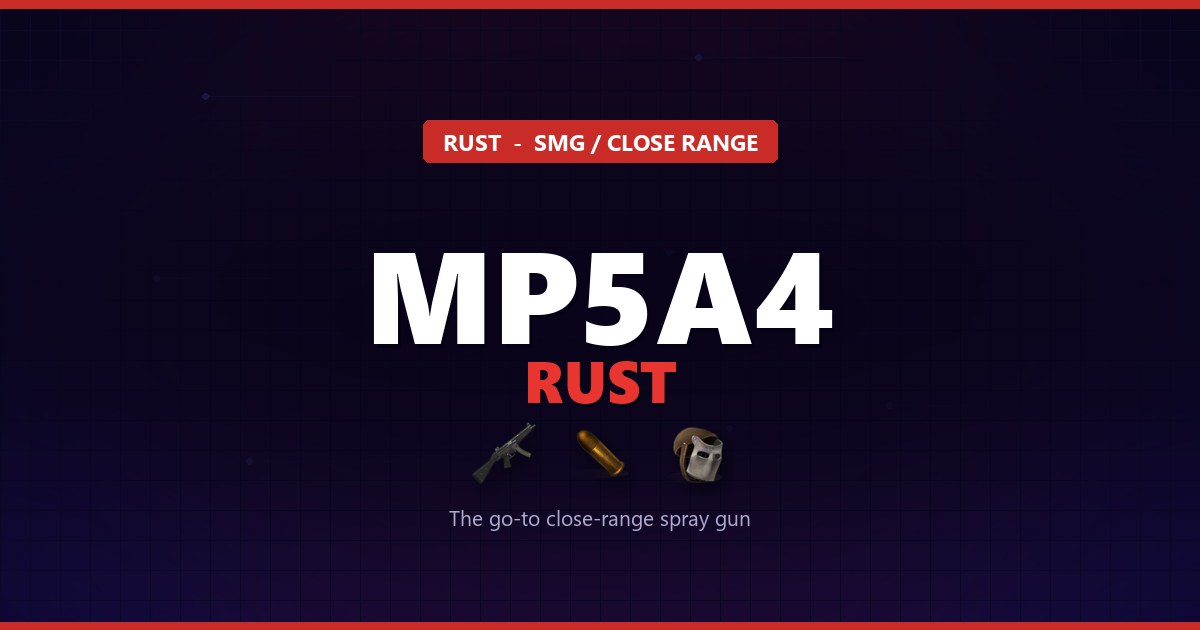 The MP5A4 submachine gun in Rust with pistol ammo, the go-to close-range spray weapon, shown on the whenisforcewiperust.com navy and red theme