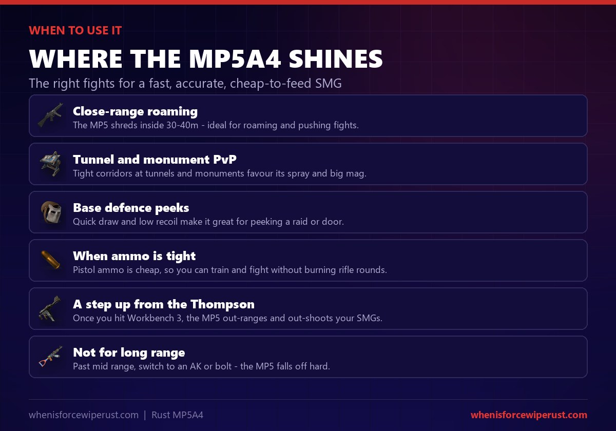 When to use the MP5A4 in Rust: close-range roaming inside 30 to 40 metres, tunnel and monument PvP in tight corridors, quick base-defence peeks, fights where cheap pistol ammo matters, and as a step up from the Thompson - but not for long-range fights where an AK or bolt is better