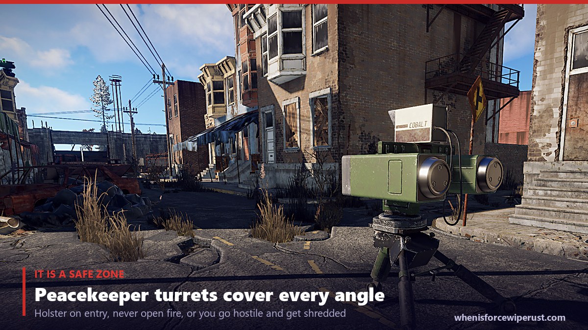 Outpost is a safe zone in Rust: a peacekeeper sentry turret stands in the compound street, and the rooftop turrets and NPC guards gun down any player who draws a weapon and fires, so PvP is effectively disabled inside