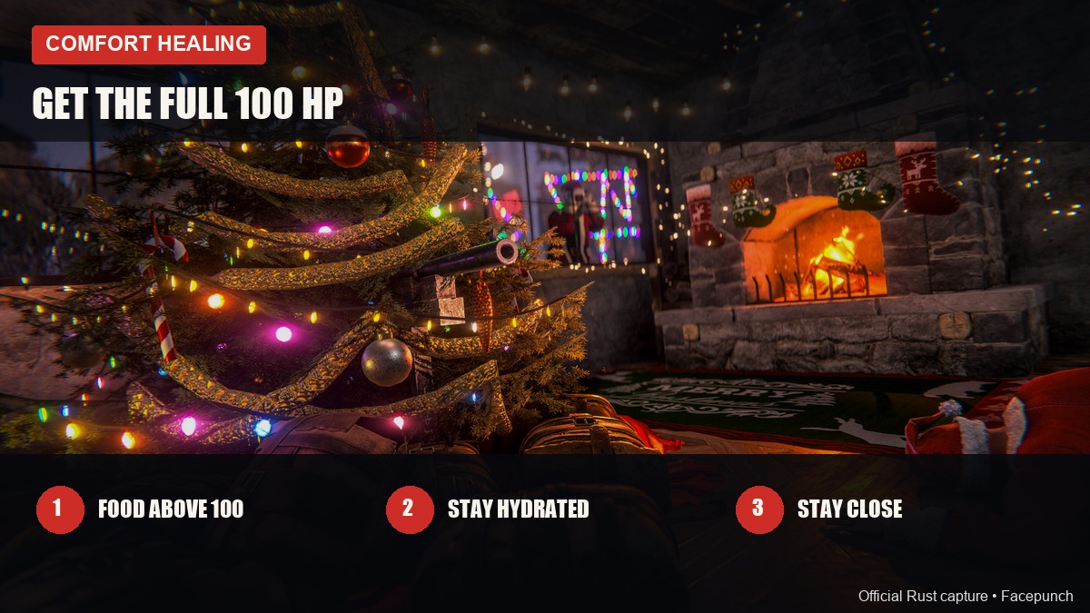 Three things you need for Pookie Bear comfort healing in Rust: food above 100, stay hydrated, stay close