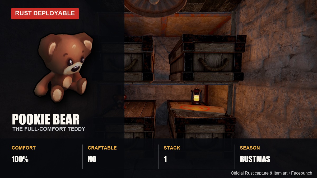 Pookie Bear Rust Christmas item with its key facts: seasonal, not craftable, 100% comfort, stack of 1