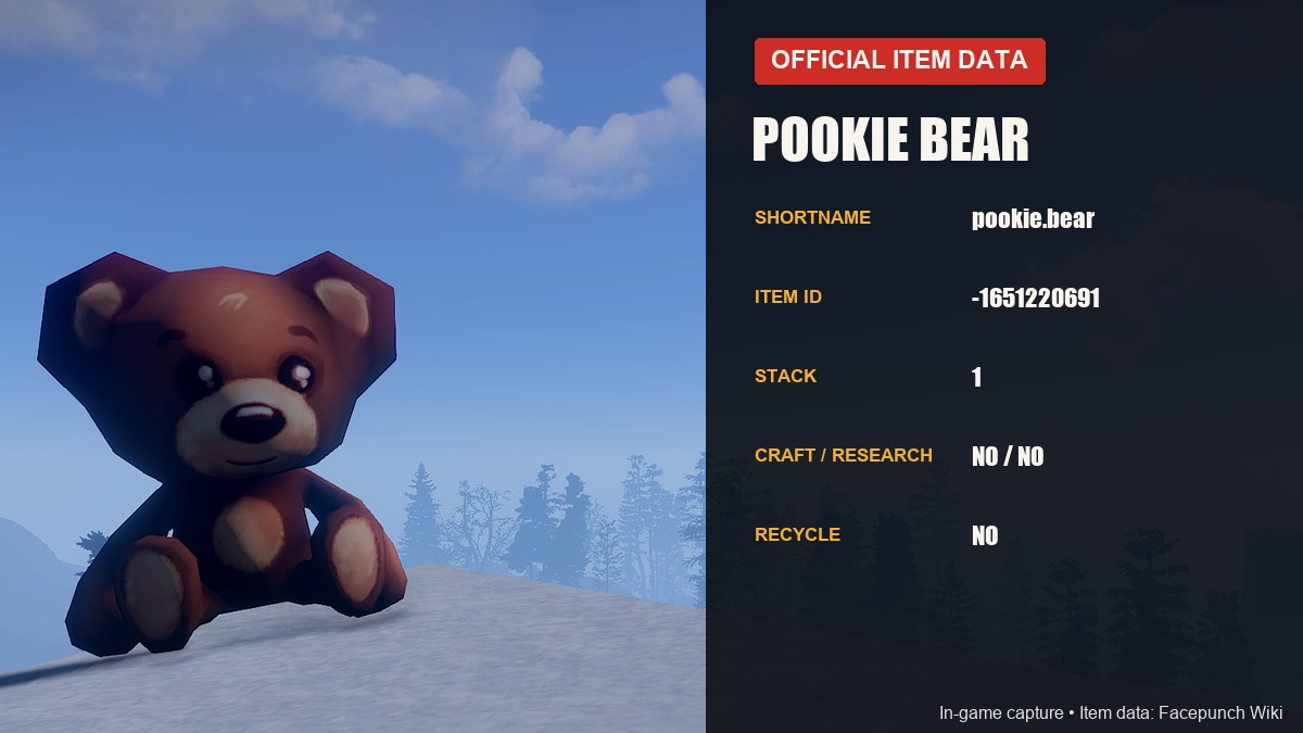 Pookie Bear Rust item facts: shortname pookie.bear, stack size 1, added in Devblog 91 in 2015