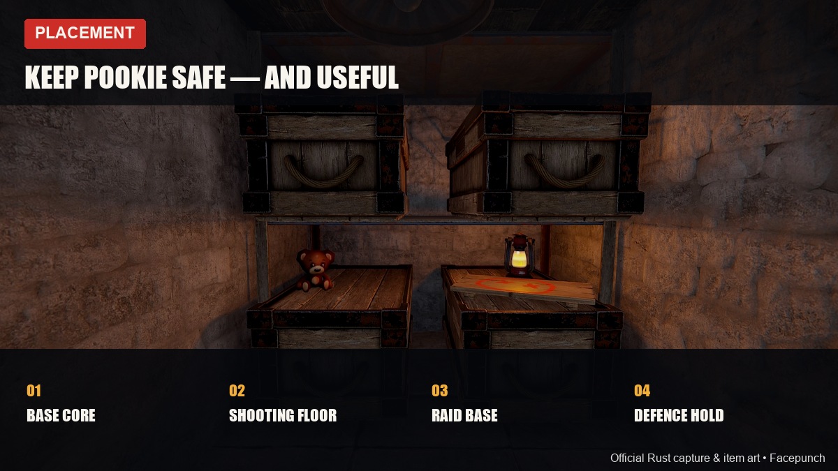 Best spots for a Pookie Bear in Rust: shooting floor, raid base, base core and online defence