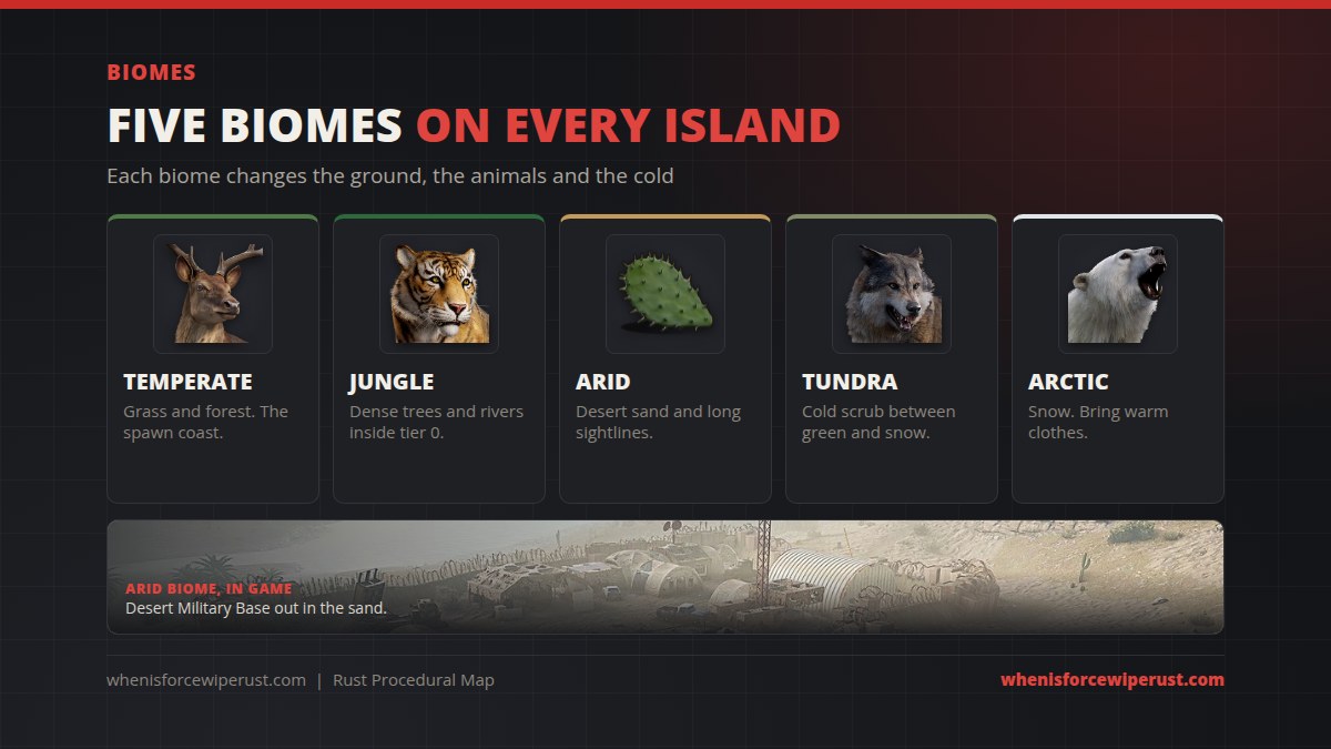 The five Rust procedural map biomes: temperate, jungle, arid, tundra and arctic