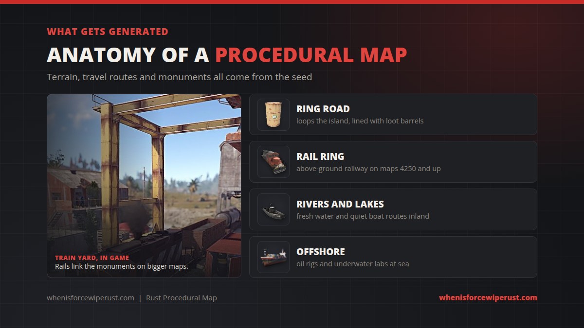 Anatomy of a Rust procedural map: ring road, rail ring, rivers and offshore monuments, with the Train Yard in game