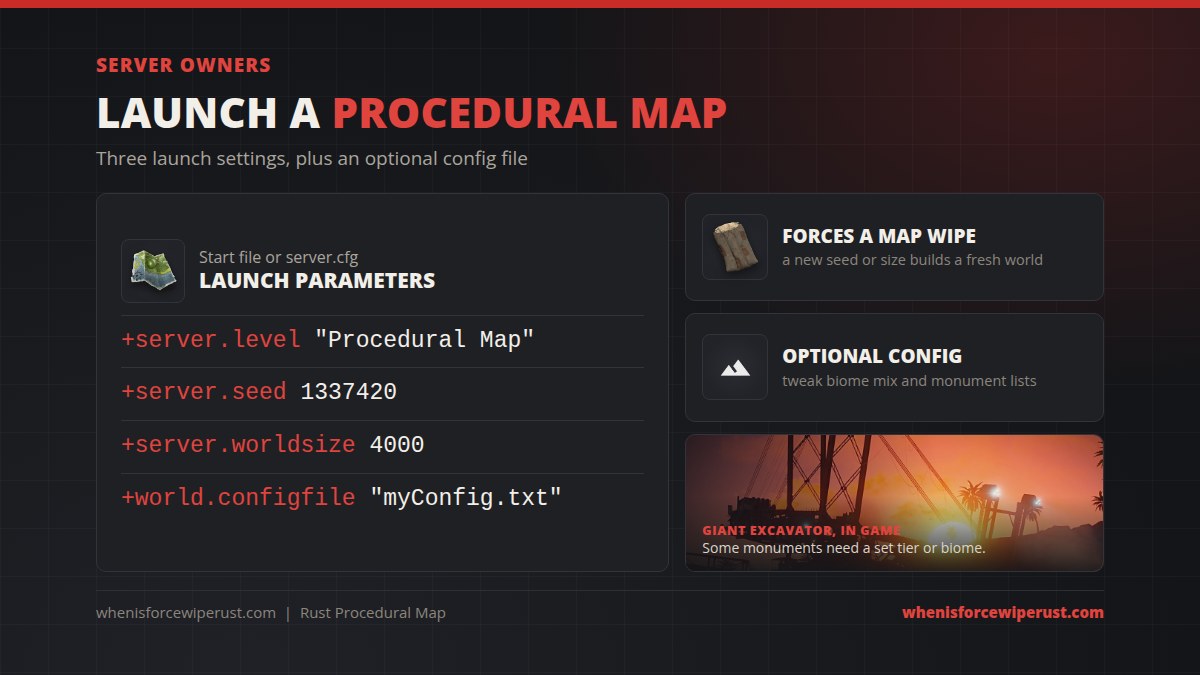 Rust server launch parameters for a procedural map: server.level, server.seed and server.worldsize