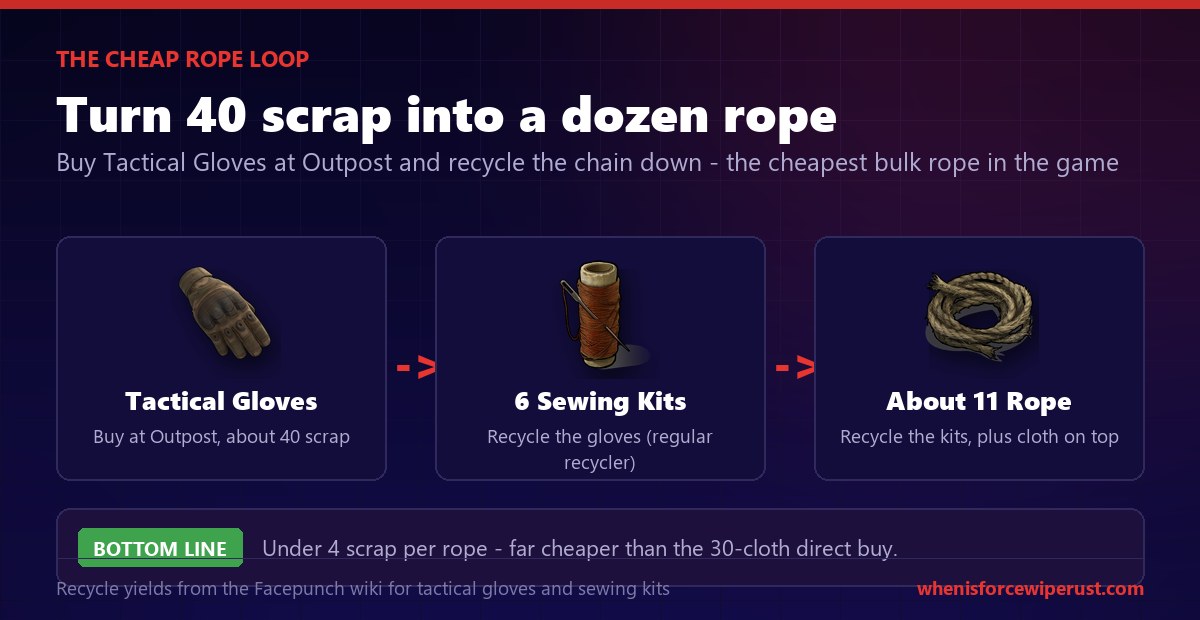 The cheap rope loop in Rust: buy Tactical Gloves at Outpost for about 40 scrap, recycle them into 6 sewing kits at a regular recycler, then recycle those kits into about 11 rope plus cloth, which works out to under 4 scrap per rope and is far cheaper than buying rope directly for 30 cloth each