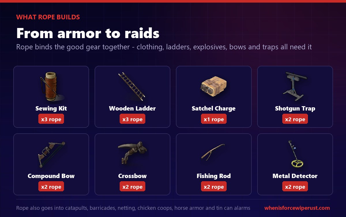 What rope builds in Rust: a sewing kit needs 3 rope, a wooden ladder 3, a satchel charge 1, a shotgun trap 2, a compound bow 2, a crossbow 2, a handmade fishing rod 2 and a metal detector 2, plus catapults barricades netting chicken coops horse armor and tin can alarms