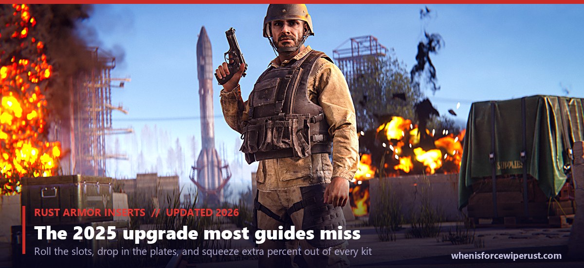 A Rust player in full armor at a burning monument, an actual in-game screenshot, under a caption reading Rust armor inserts, the 2025 upgrade most guides miss, roll the slots, drop in the plates and squeeze extra percent out of every kit
