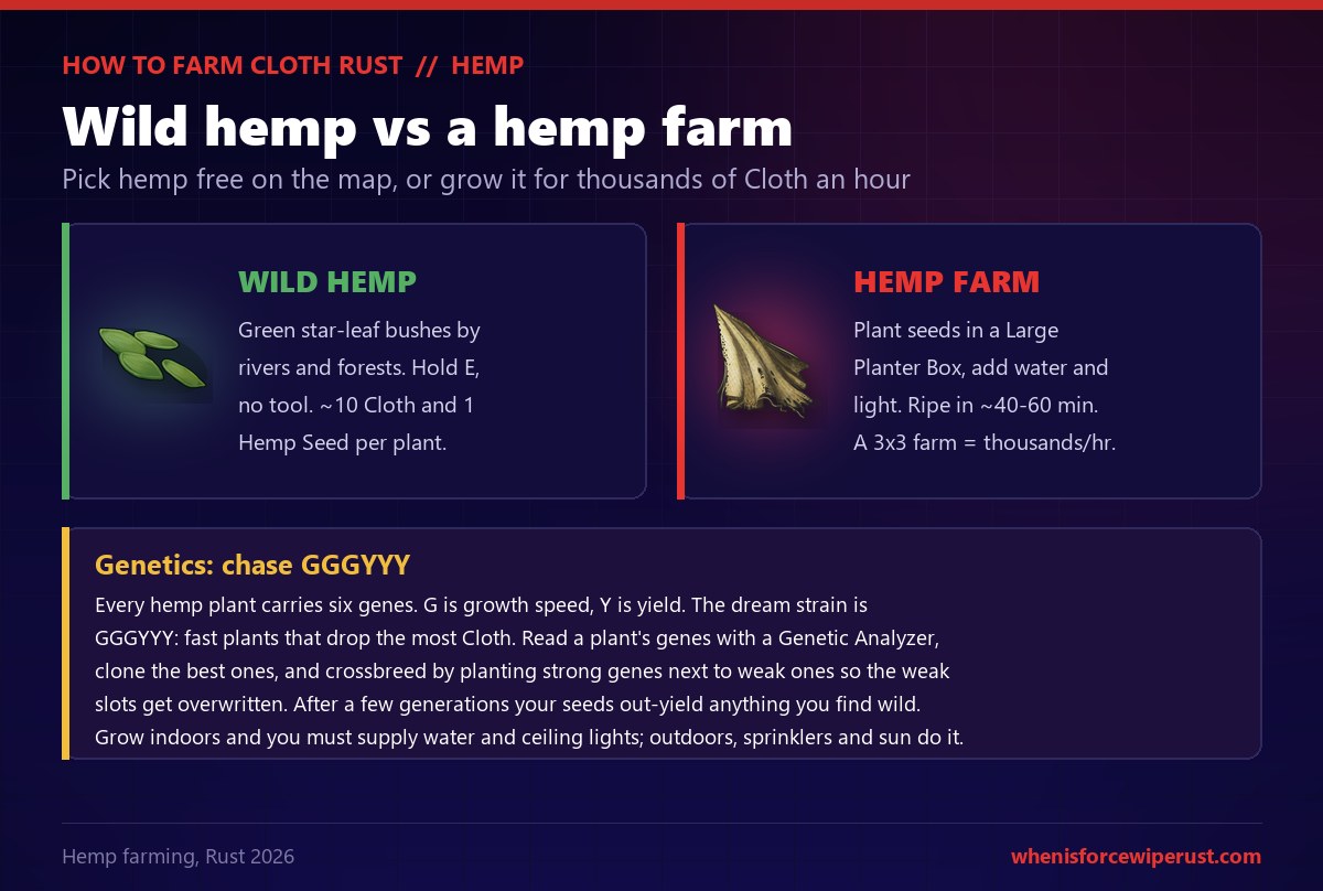 Rust hemp guide comparing wild hemp, green star-leaf bushes near rivers giving about 10 cloth and 1 seed per plant with no tool, against a hemp farm in a Large Planter Box that ripens in 40 to 60 minutes and pushes thousands of cloth an hour, plus a genetics note to chase the GGGYYY strain by reading genes, cloning and crossbreeding