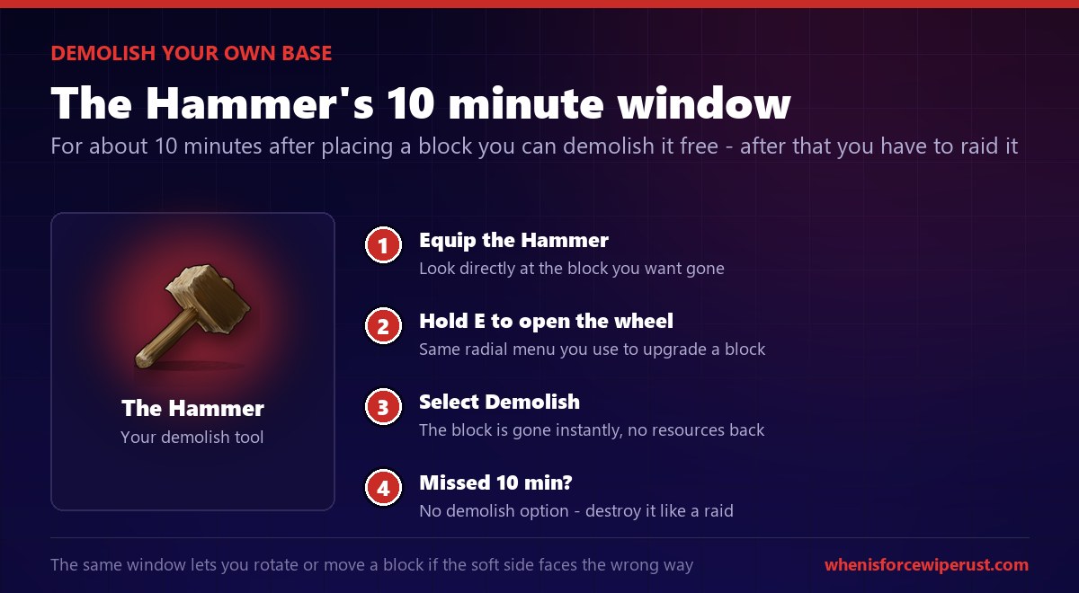 How to demolish your own base in Rust: equip the Hammer, hold the interact key on the block within about 10 minutes of placing it, and select demolish from the radial menu, after which the block is locked in and must be raided