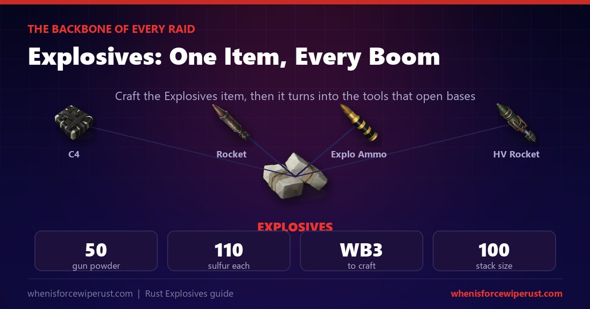 Rust explosives guide showing the Explosives item turning into C4, rockets, explosive ammo and HV rockets