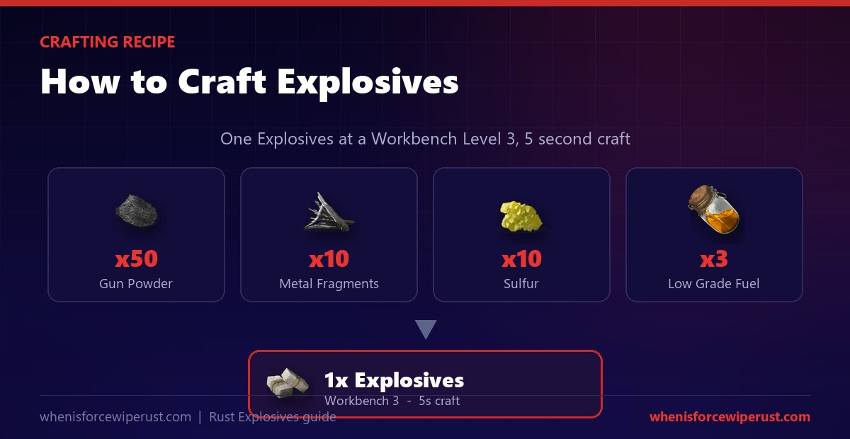 Rust Explosives recipe showing 50 Gun Powder, 10 Metal Fragments, 10 Sulfur and 3 Low Grade Fuel crafting one Explosives at Workbench Level 3