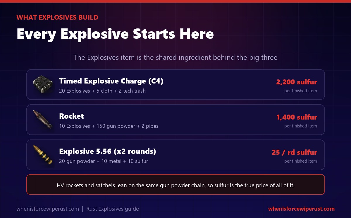 Rust Explosives item building C4 with 20 explosives, rockets with 10 explosives, and feeding the explosive 5.56 gun powder chain