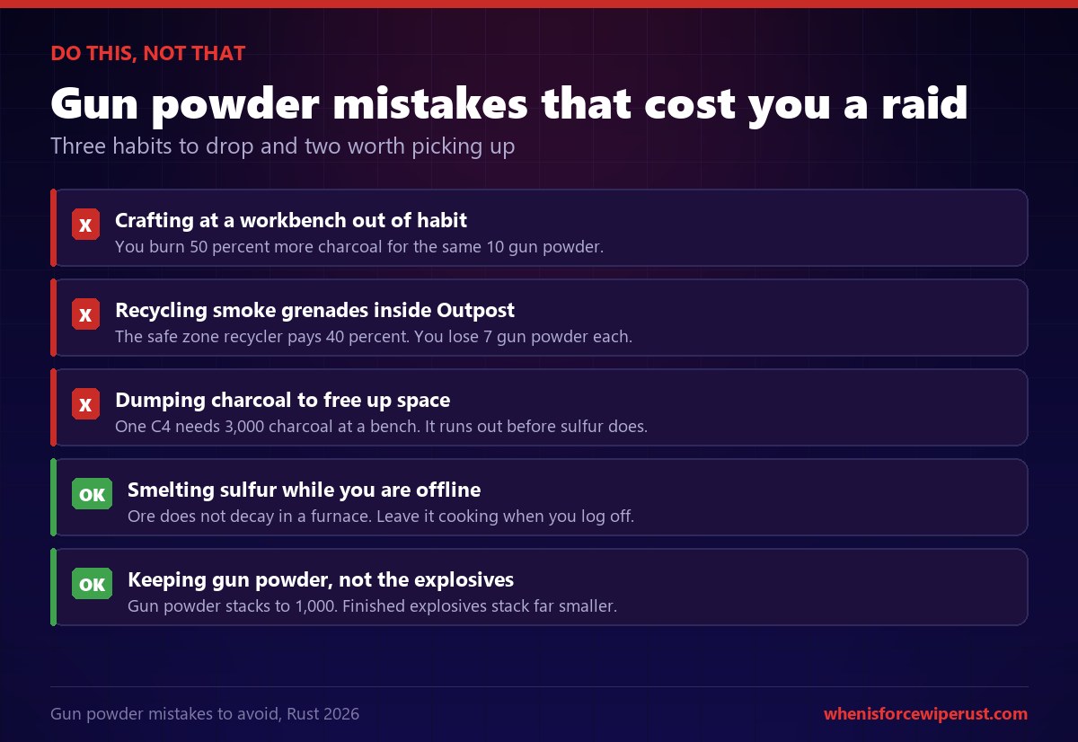 Rust gunpowder mistakes to avoid, including crafting at a workbench instead of a mixing table and recycling smoke grenades in a safe zone