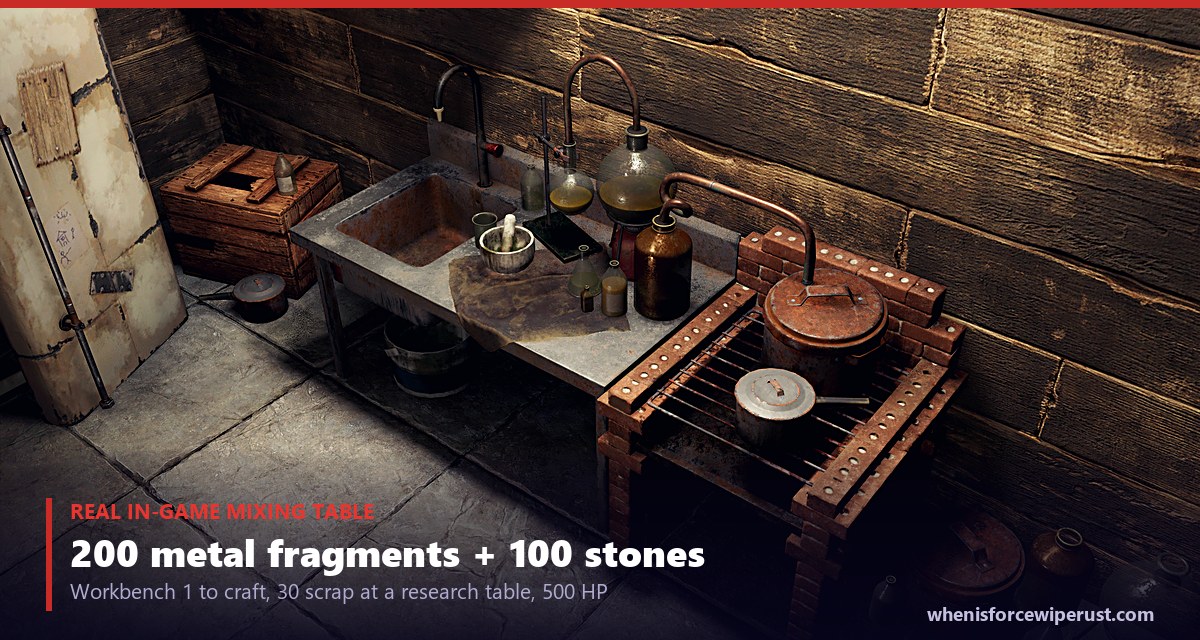 A Rust mixing table in game, the deployable that mixes gunpowder for 20 charcoal and 20 sulfur instead of the workbench 30 and 20