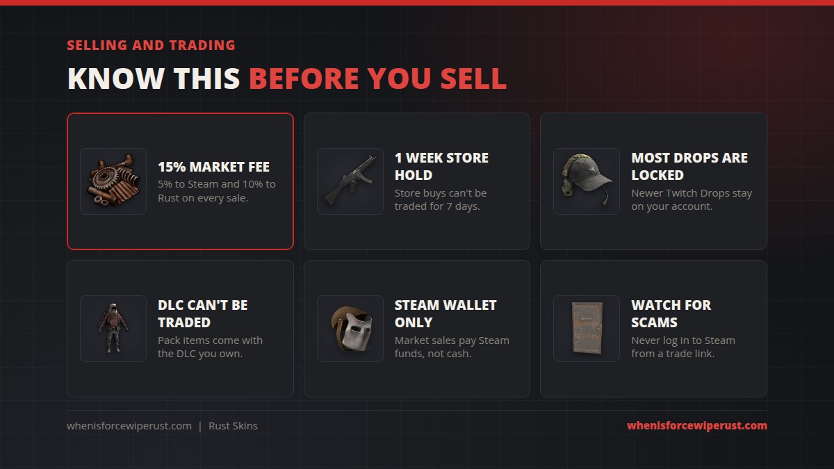 Rules for selling Rust skins: 15% market fee, one week store hold, locked drops and DLC, Steam wallet only, scams