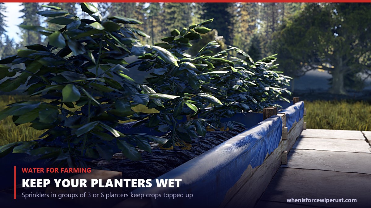 Rust planter boxes full of crops, watered by sprinklers from a water barrel or water pump, for a Rust farming base