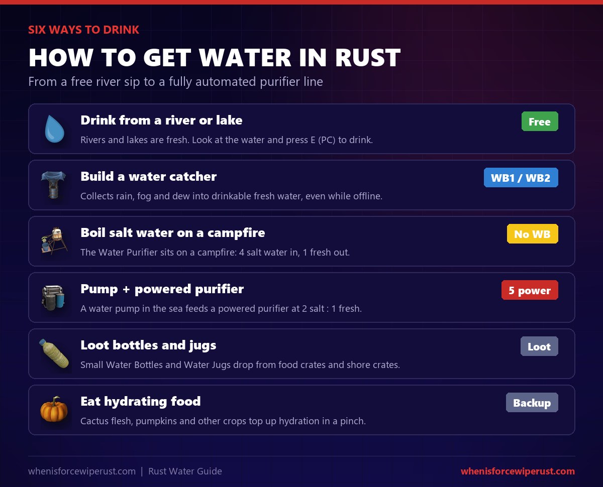 How to get water in Rust: drink from rivers and lakes, build small or large water catchers, boil salt water in a campfire water purifier, run a water pump into a powered water purifier, loot water bottles and jugs, or eat hydrating food