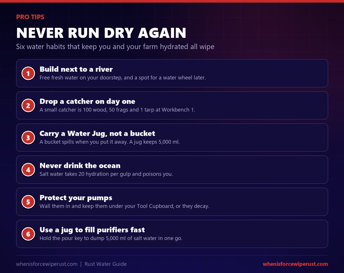 Rust water pro tips: build next to a river, place a water catcher on day one, carry a water jug, never drink salt water, protect your pumps and fill purifiers with a jug