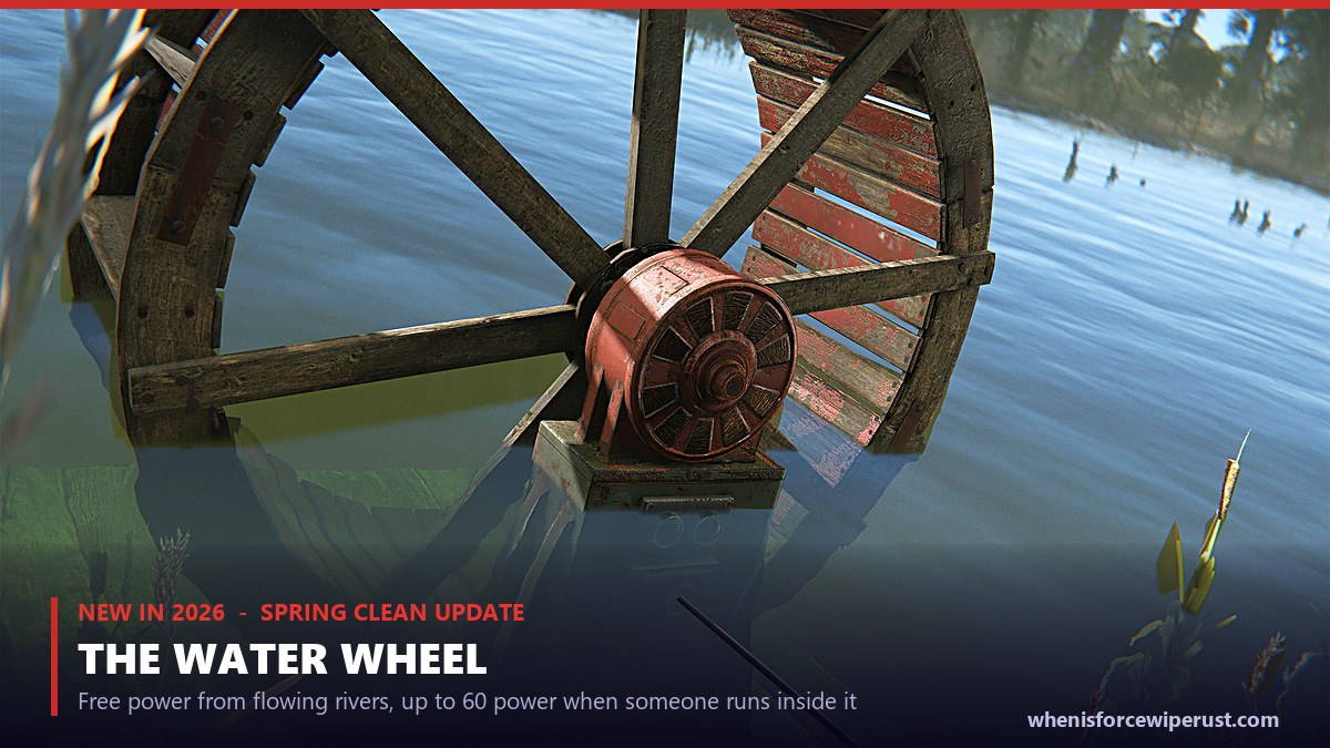 The Rust water wheel added in the April 2026 Spring Clean update, standing in a river and generating free electricity from flowing water
