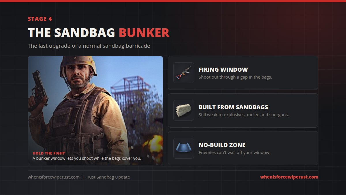 Rust sandbag bunker with a firing window, the stage 4 upgrade
