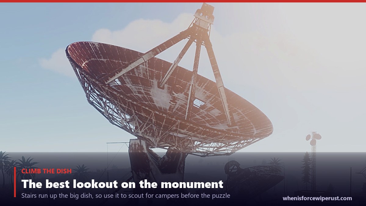 The main satellite dish at the Satellite Dish monument in Rust, a huge rusted radio dish with stairs up its frame that works as a lookout over the puzzle shacks and the roads around the monument