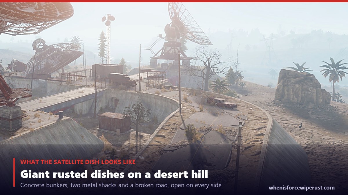 What the Satellite Dish Array monument looks like in Rust: large rusted radio dishes on concrete bunkers, two small metal shacks that hold the puzzle, and a cracked road running through the open ground