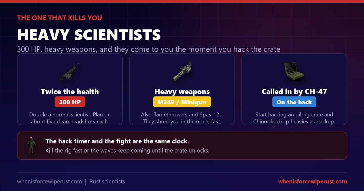 Heavy scientists in Rust: 300 HP, armed with the M249, minigun, flamethrower and Spas-12, called in by CH-47 Chinook as backup the moment you start hacking an oil rig locked crate