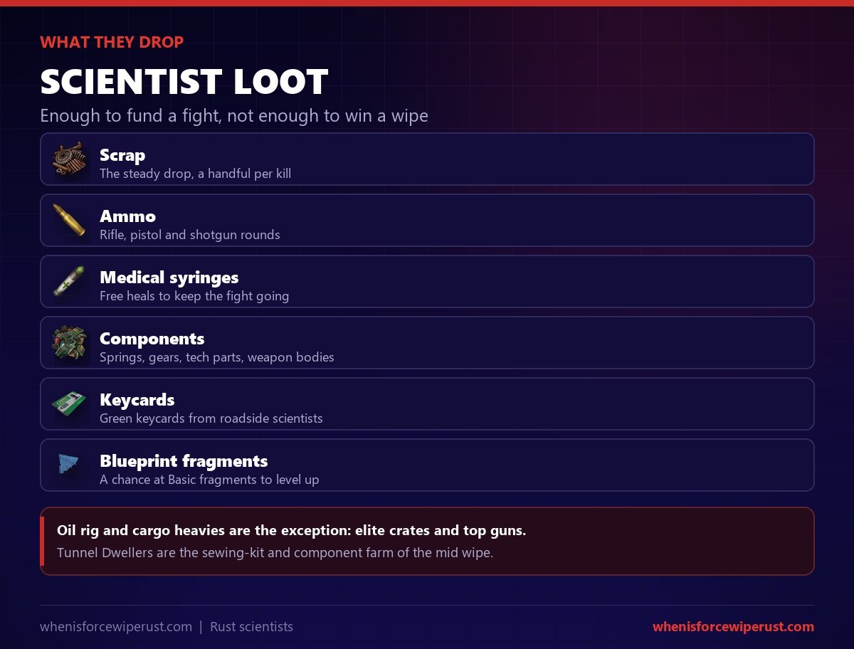What Rust scientists drop: scrap, ammo, medical syringes, components like springs and gears, green keycards from roadside scientists, and a chance at basic blueprint fragments, with oil rig heavies dropping elite crates