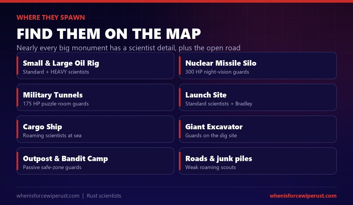 Where Rust scientists spawn: small and large oil rig with heavies, the nuclear missile silo, military tunnels, launch site, cargo ship, giant excavator, Outpost and Bandit Camp safe zones, and roaming the roads