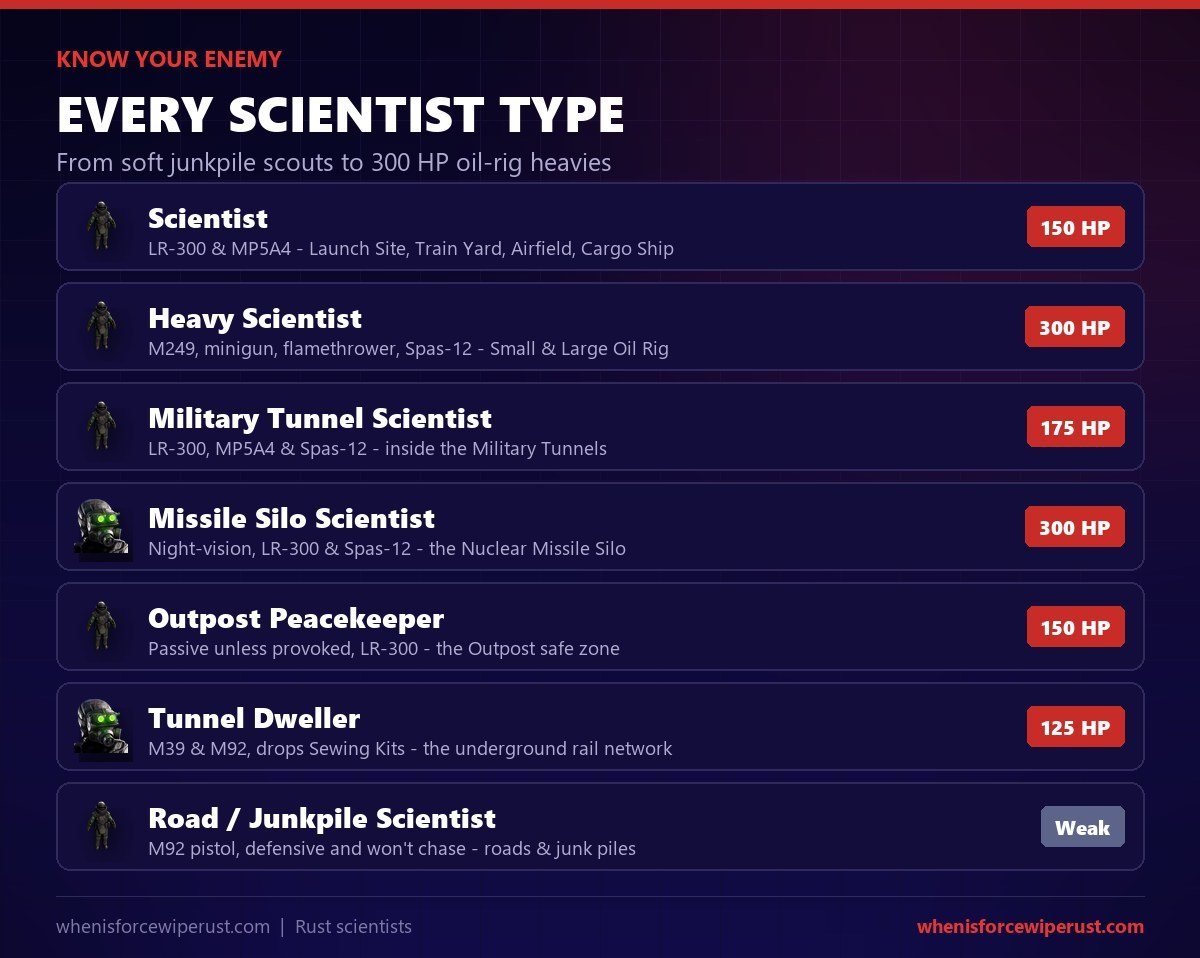 Every Rust scientist type with health: Scientist 150 HP, Heavy Scientist 300 HP, Military Tunnel Scientist 175 HP, Missile Silo Scientist 300 HP, Outpost Peacekeeper 150 HP, Tunnel Dweller 125 HP, and the weak road or junkpile scientist