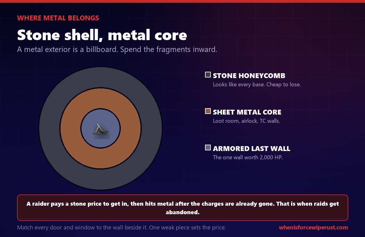 Rust base strategy: a stone honeycomb shell around a sheet metal loot room core with an armored last wall