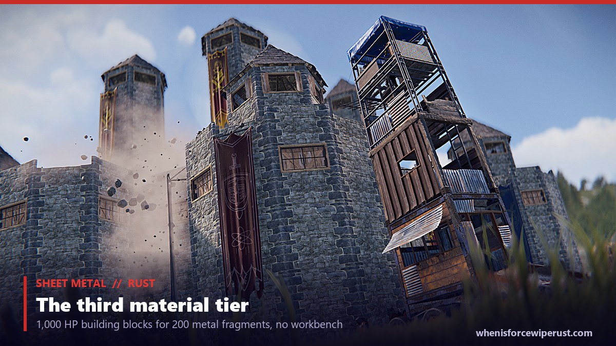 Sheet metal Rust: a stone and sheet metal base under raid, the third building tier with 1,000 HP blocks