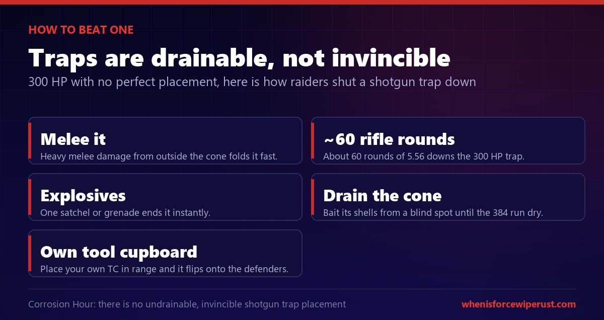 How to beat a shotgun trap in Rust: it has only 300 HP so melee it from outside the cone, spend about 60 rounds of 5.56, use a satchel or grenade, drain its 384 shells from a blind spot, or place your own tool cupboard in range to flip it
